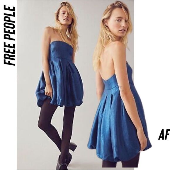 FREE PEOPLE KRISTA STRAPLESS SHIMMERING BLUE SEAS MINI DRESS NWT NEW LARGE - Picture 3 of 14